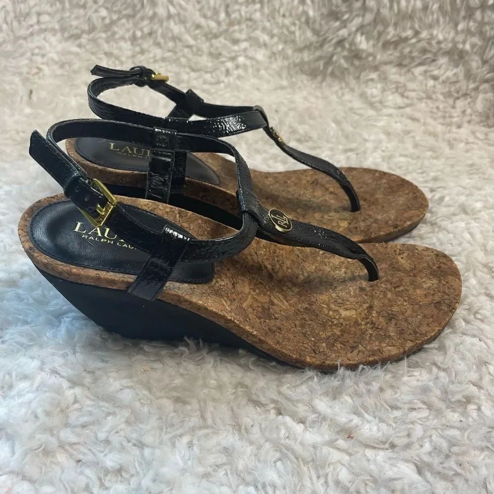 Lauren Ralph Lauren Black Patent T-Strap Wedge Sandal Size 9.5.